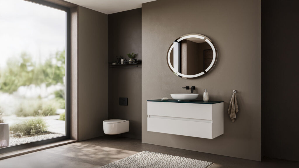 lesnina siva kupaona sa staklenom stijenom iz kojeg se vidi vrt ogledalo