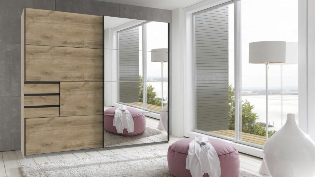 lesnina ormar s imitacijom drva u spavaćoj sobi