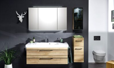 tamna kupaonica sa dvrenim ormarićima ogledalom i biljkom lesnina