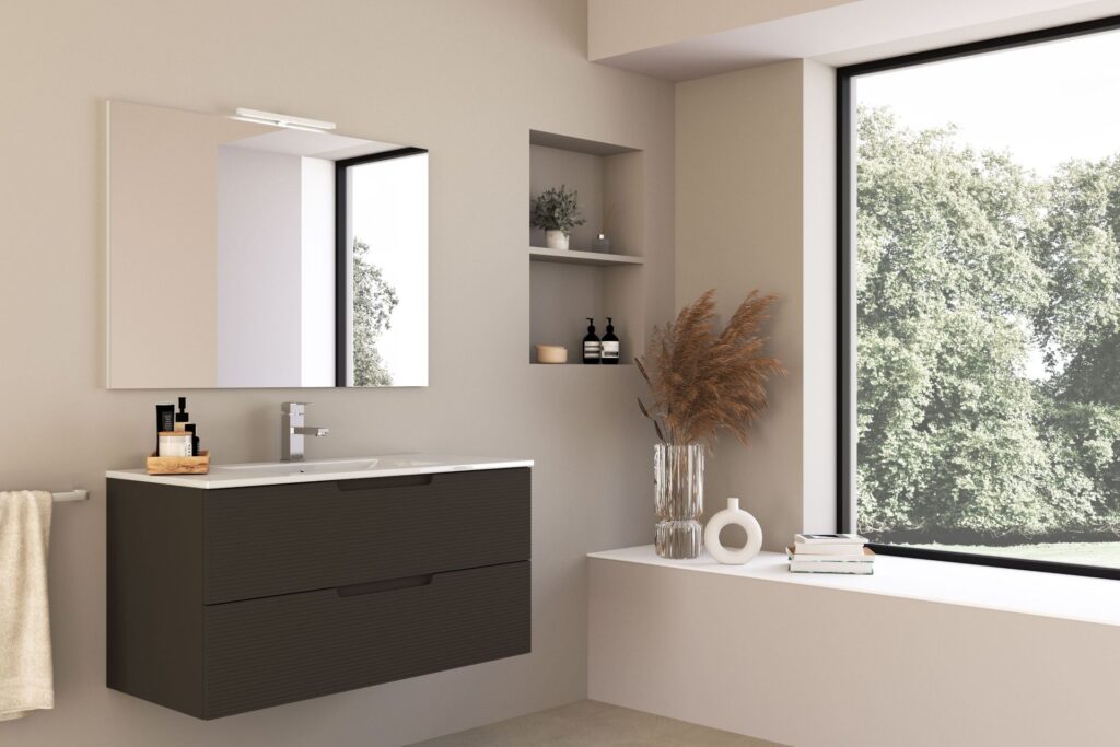 ogledalo u kupaonici s bijelim zidom, crvnim ormarićem biljkom i velikim prozorom lensina
