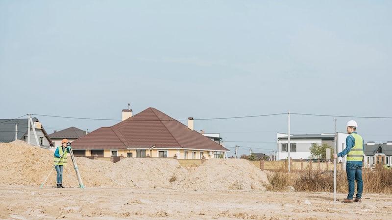 dva geodeta na građevinskom zemljištu
