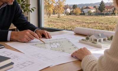 Arhitekt i investitor pregledavaju plan kuće i smještaj na zemljištu prije postupka izdavanja lokacijske dozvole.