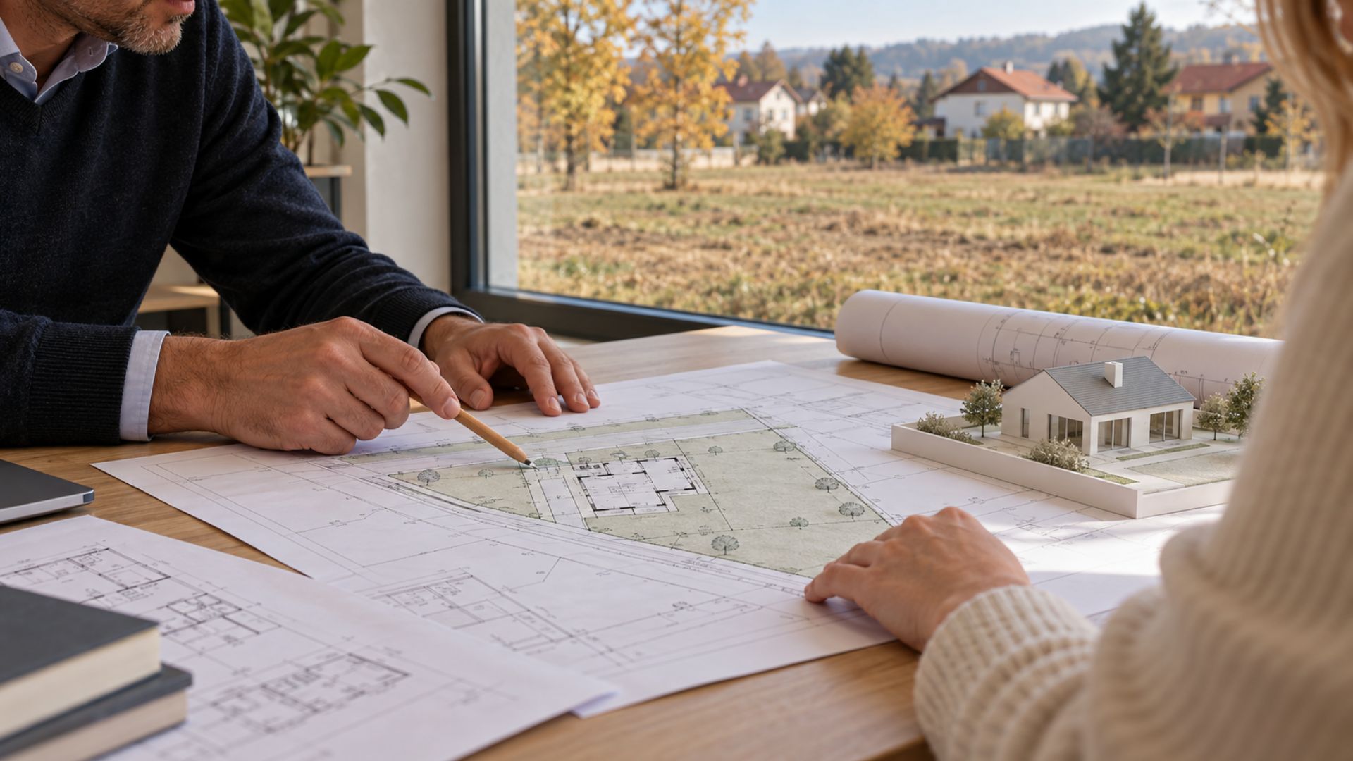 Arhitekt i investitor pregledavaju plan kuće i smještaj na zemljištu prije postupka izdavanja lokacijske dozvole.